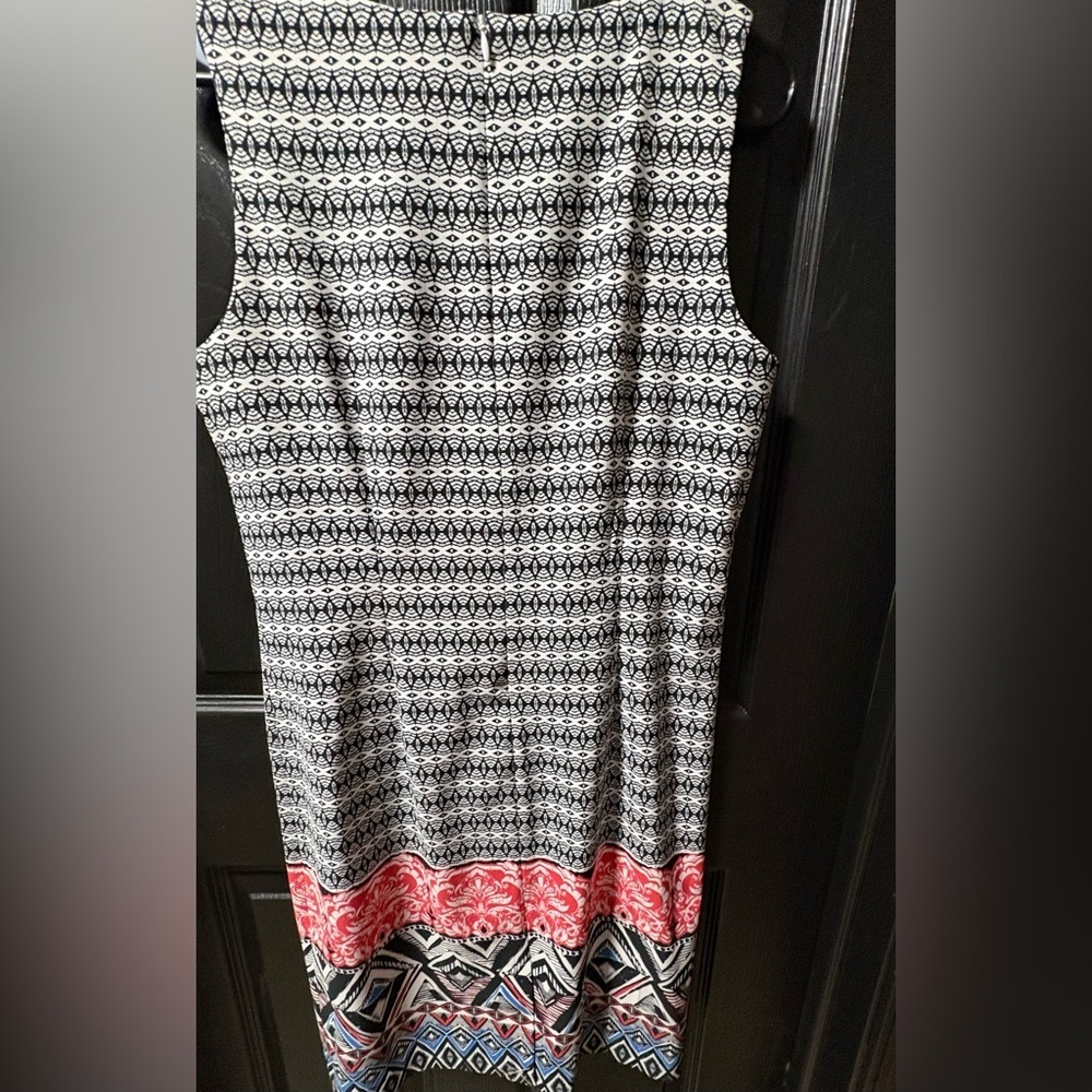 Mario Serrani Black and White Geometric Midi Dress with Coral Border